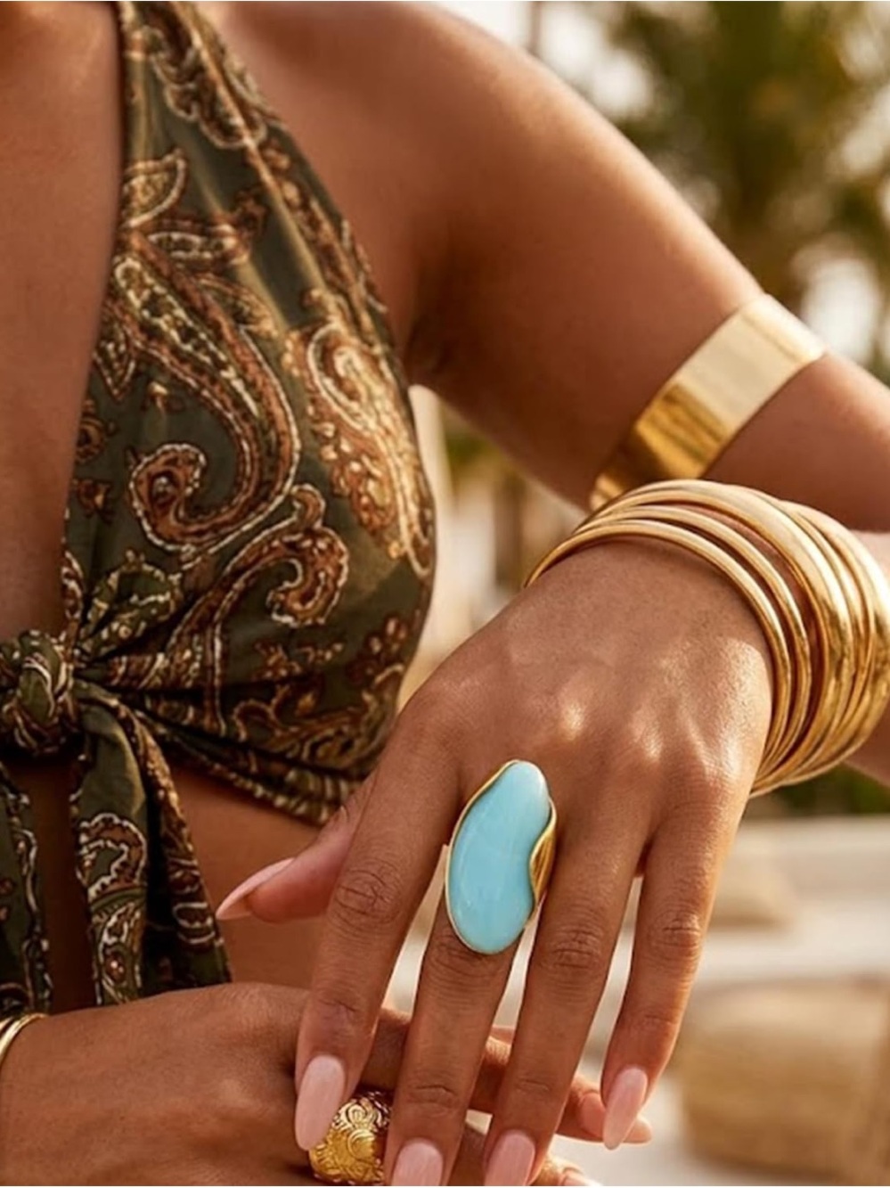 Statement Turquoise Cocktail Ring | Gold Tone Oversized Resin Ring | Resort Glam